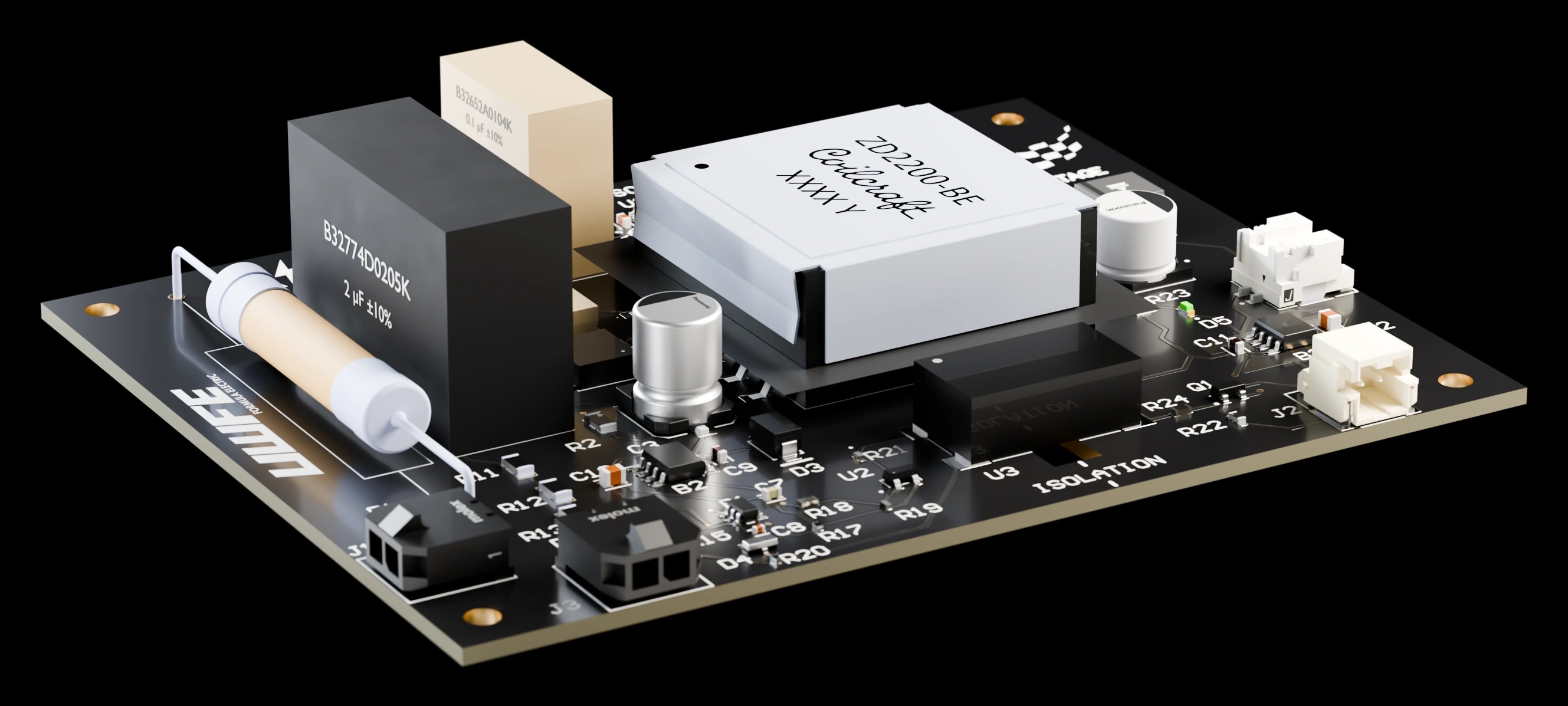 Low-angle render of the AILED high-voltage safety board Marco designed: a black PCB with a Coilcraft flyback transformer, film capacitors and a fuse