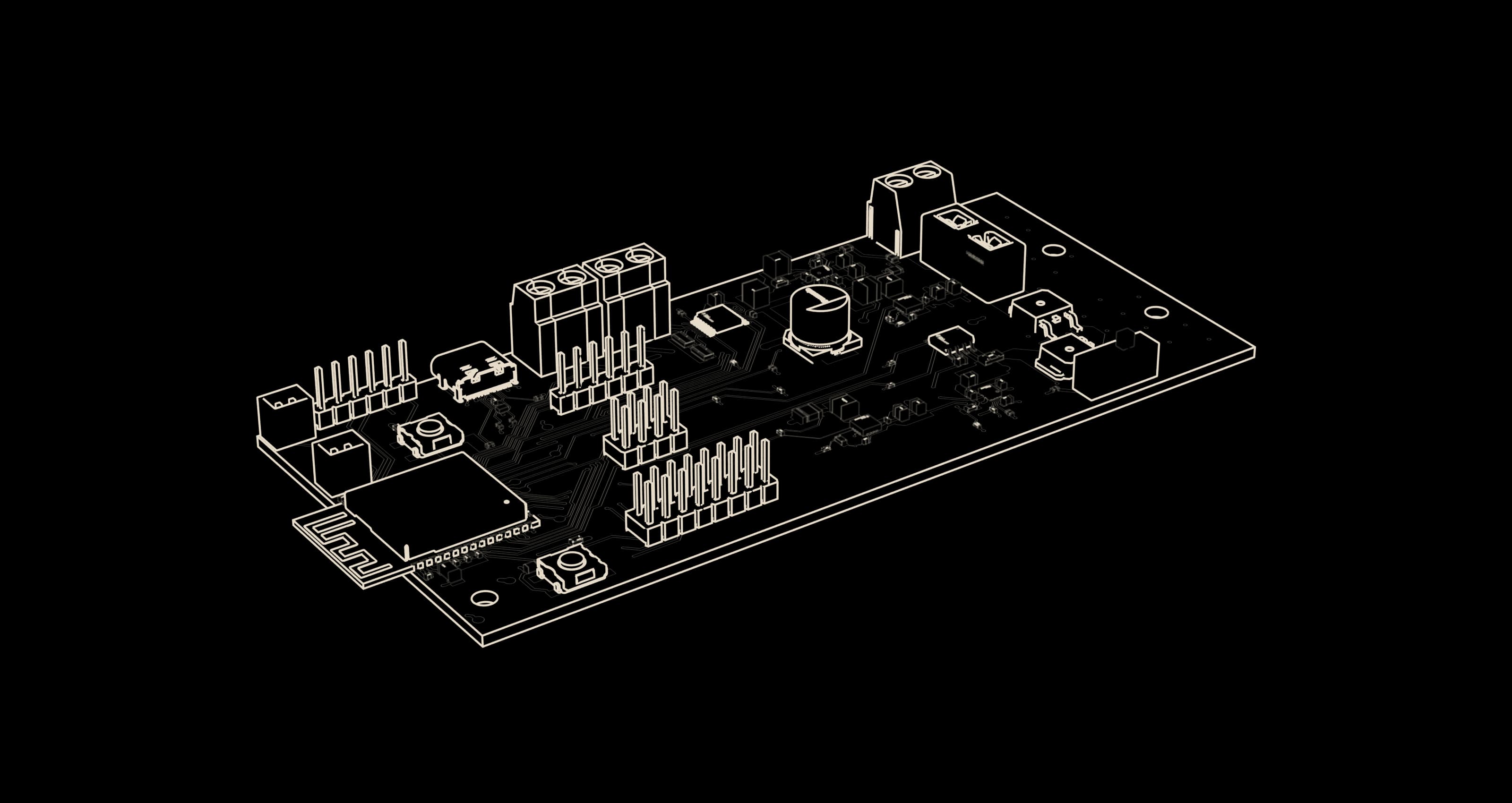 Line drawing of the DriveWire PCB from its Altium 3D model, with the copper traces, and callouts for the input protection, current sense, both buck converters, motor driver, ESP32-S3 module and USB-C port